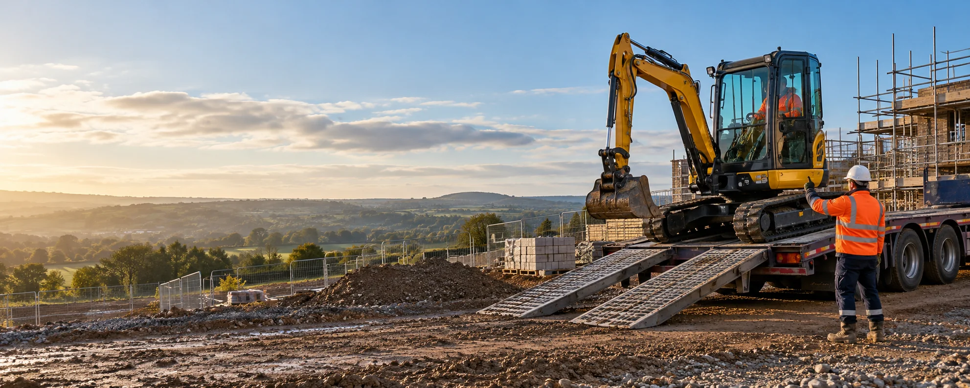 AI-generated illustrative image for plant hire showing the relevant work in a UK setting